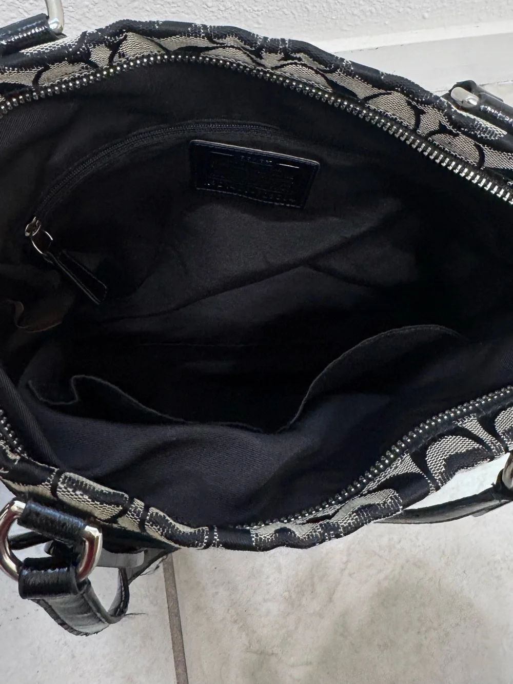 Coach Black and Beige Signature Canvas Shoulder Bag